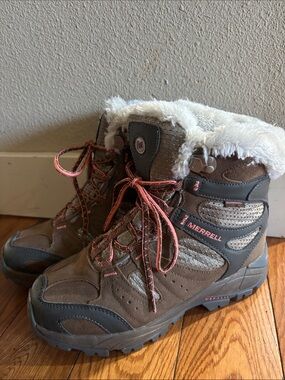 Merrell Brown and Pink Kids Faux-Fur Winter Hiking Boots